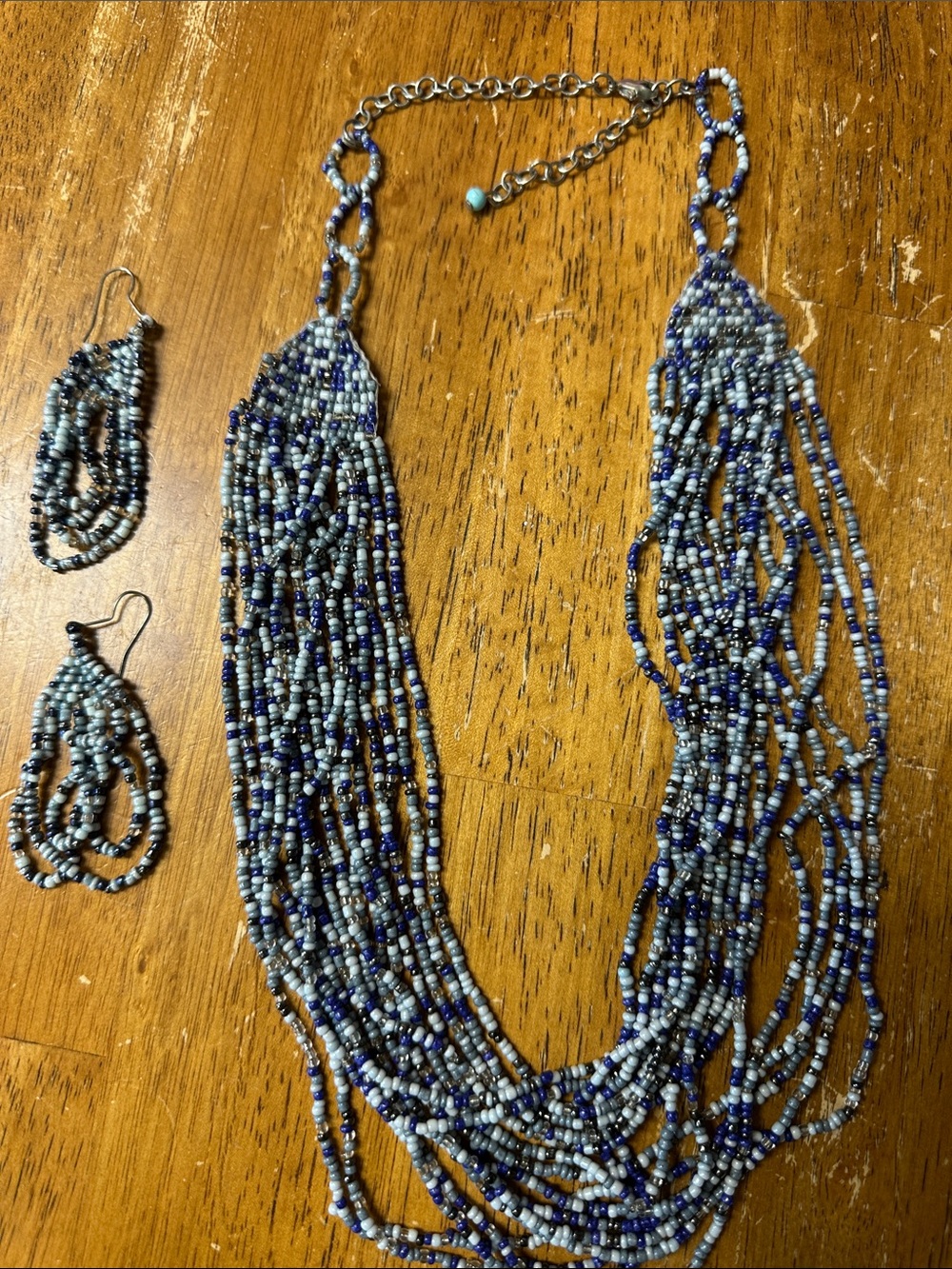 Beaded Multi-Strand Blue Statement Necklace with Matching Earrings - Picture 2 of 2